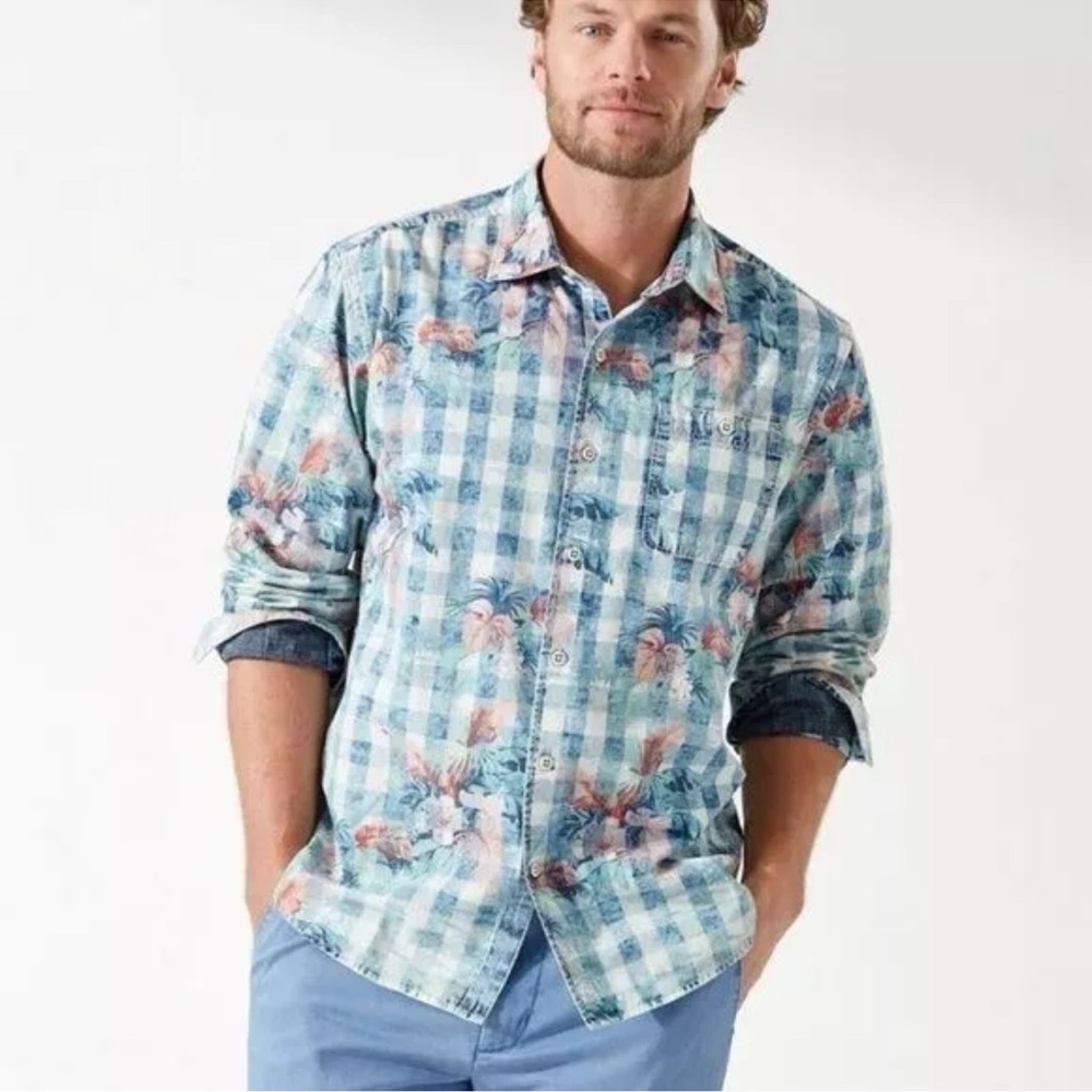 Tommy Bahama Blue Tropical Long Sleeve Pacific Coast Floral Plaid Shirt Size L